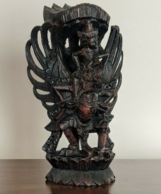 9 " Vintage Antique Dark Wood Carving Vishnu Riding Garuda Deity Statue