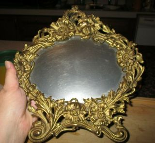 Antique Victorian Art Nouveau Brass Frame Vanity Mirror Stand Flowers