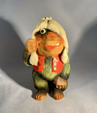 Henning Norway - Hand Carved Troll W/crown - Signed - Vintage Mid Century - 7”