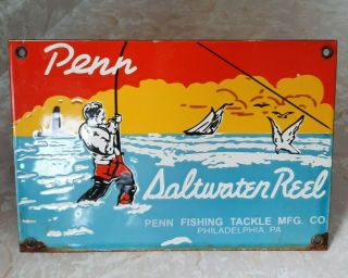 Vintage Penn Fishing Tackle Saltwater Reel Porcelain Sign Rv Camping Hunting