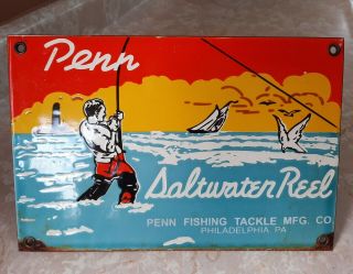 VINTAGE PENN FISHING TACKLE SALTWATER REEL PORCELAIN SIGN RV CAMPING HUNTING 2