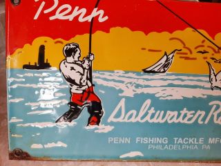 VINTAGE PENN FISHING TACKLE SALTWATER REEL PORCELAIN SIGN RV CAMPING HUNTING 3