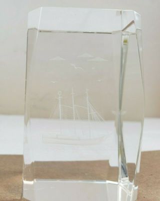 3d Laser Etched Clear Crystal Glass Cube Paperweight Sailing Ship Pt4