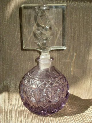 Vintage Czechoslovakia Amethyst Crystal Glass Perfume Bottle Clear Stopper
