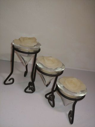 Candle Holders - Set Of 3 Glass Cone Shaped Candle Holders With Wrought Iron.