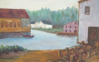 Antique Oil Painting Folk Art Country Primitive Buildings River Boat Signed