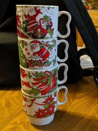 Vintage Christmas Coffee Mug Set Japan Stackable Hot Cocoa Santa Reindeer