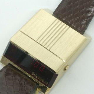 Vintage Rare Bulova Computron Drivers Red Led Digital Watch Gold Tone Cell 228