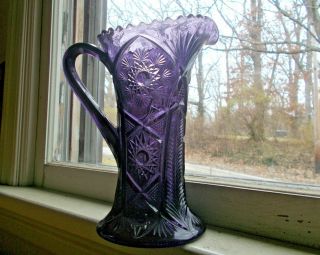 Antque 1890s Pressed Pattern Glass Pitcher Amethyst Purple 8 1/4 "