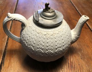 Antique Salt Glaze Stoneware Teapot.  Staffordshire Circa 1850.  Pewter Lid