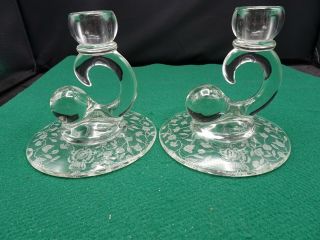 Vintage Pair Clear Crystal Candle Holders W/ Etched Design