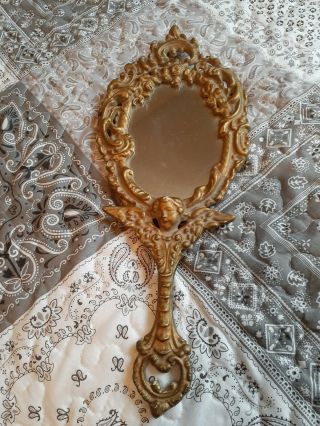 Rare Heavy Victorian Antique Ornate Cherub Hand Mirror