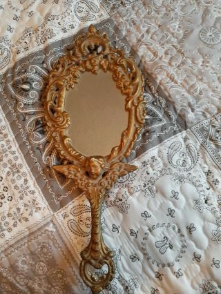 RARE Heavy Victorian Antique Ornate Cherub Hand Mirror 2