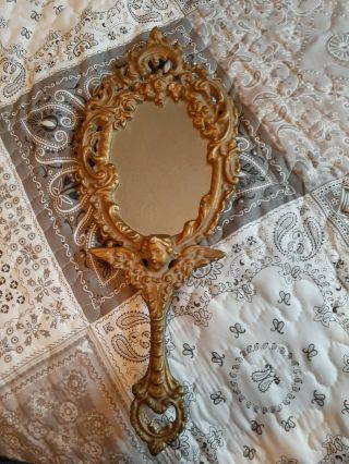RARE Heavy Victorian Antique Ornate Cherub Hand Mirror 3