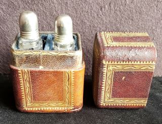 Antique Gilt Morrocan Leather Cased,  2 Cut Glass Perfume Bottles For Travelling