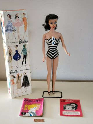 Vintage 1961 Ponytail Barbie 5 Brunette In Swimsuit W/tm & Box Stock 850