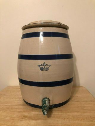Vintage Ransbottom Stoneware Crown 2 Gallon Dispenser Crock Blue Stripe With Lid