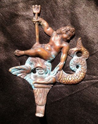 Antique French Empire Georgian Gilt Bronze Ormolu Watch Hook Neptune Figure Fish