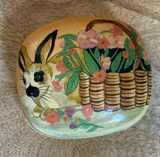 Hand Painted Rabbit And Basket Trinket Box Made In India