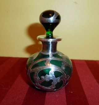 Antique Art Nouveau Emerald Green Perfume Bottle Sterling Silver Overlay