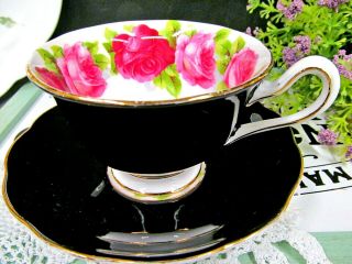 Royal Albert Tea Cup And Saucer Black & Pink Rose Teacup England 1940 