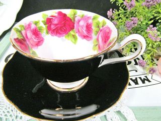 ROYAL ALBERT tea cup and saucer black & pink rose teacup ENGLAND 1940 ' s 3