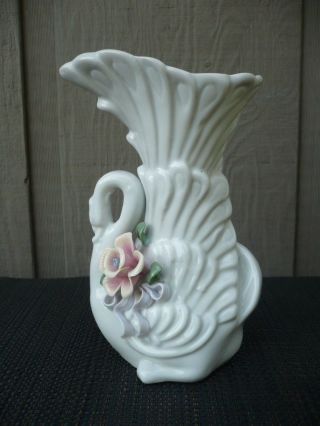 Vintage White Swan Vase W Pink Flower & Green Leaves Porcelain Ceramic 7 " Tall