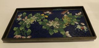 Antique Chinese Cloisonné On Brass Tray 8” X 4 1/4” Blue With Pink Flowers