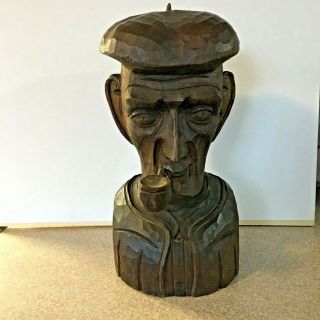 Vintage Hand Carved 10 " Wood Head Of Old Man With A Pipe