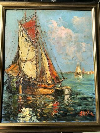 Tableau Huile Bateaux Signé Vintage Oil Painting Sailing Boats Signed