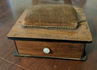 Antique Small Sewing Box Pincushion 19th Century Wood