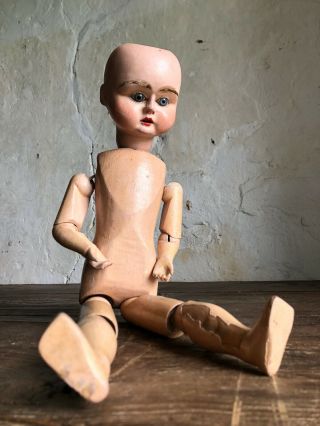 Antique French Wooden Open Mouth Doll,  Glass Eyes,  Wood & Gesso Body
