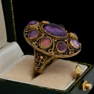 Antique Vintage Art Deco Sterling Silver Gold Wash Chinese Amethyst Ring Sz 7.  25
