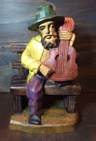Wood Carved Man Sitting On A Bench Holding A Guitar Colored Figurine Signed Rxox