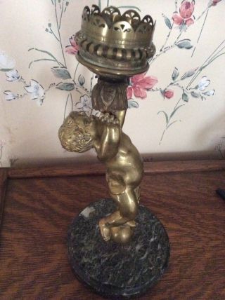 Antique Gilt Bronze Cherub Putti Statue Candle Holder Sculpture Figurine