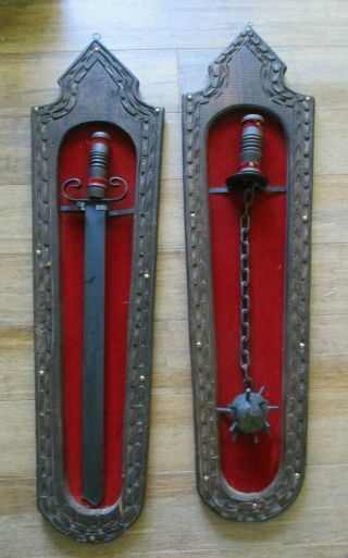 2 Mid Century Modern Medieval Battle Brutal Sword Mace Ball Chain Wall Plaques