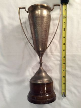 Vintage Rare Lrg.  1920/30’s Silver/wood Base Loving Cup Trophy W/hammered Finish
