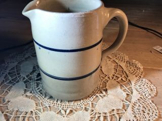 Primitive Stoneware Crock Pitcher With Blue Rings / Stripes Late 1800s