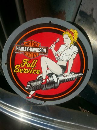 Rare Old Vintage 1964 Porcelain Sign Harley Davidson Plug Gas Pump Oil Pinup