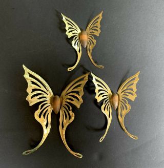 Vtg Homco Home Interiors 3 Pc Brass Gold Butterflies Wood Bodies Wall Decor 80s