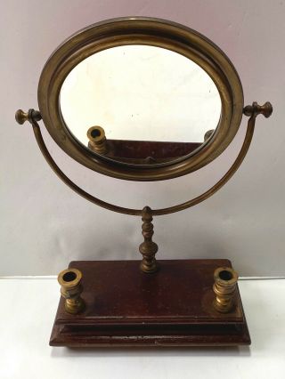 Antique Tilting Shaving Vanity Mirror With Brass Candlestick Candle Holders