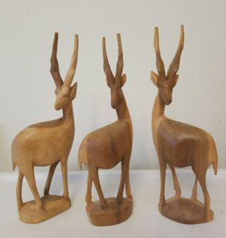 3 Antelope Gazelle Deer Mid Century Hand Carved Teak Wooden Figurine Vintage 12 "