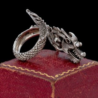 Antique Vintage Art Deco Sterling Silver Articulated Chinese Dragon Ring Sz 5.  75