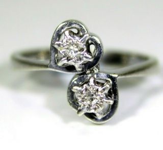 Vintage Diamond Duo Heart 9ct White Gold Ring Size K 5 1/4