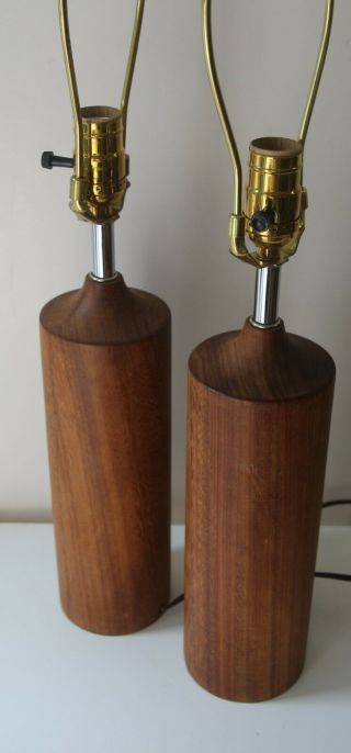 Vtg Two Mid Century Teak Walnut Vintage Cylinder Tall Narrow Wood Table Lamps