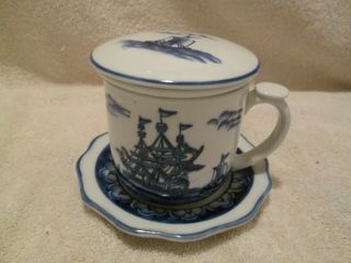 Andrea By Sadek 4 Piece Set Cup Saucer Strainer Lid Dark Blue/white Sailing Ship