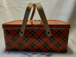 Vintage Red Plaid Tin Picnic Basket/container With Wooden Handles