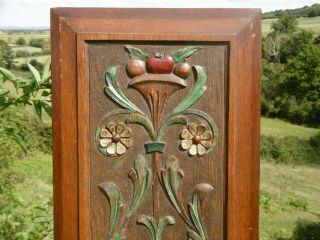 19thc Art Nouveau Oak Carved Panel With Crest & Painted Fruits & Flowers