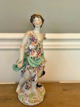 Antique German Dresden Ceramic Porcelain Figurine Of A Woman With Peacock