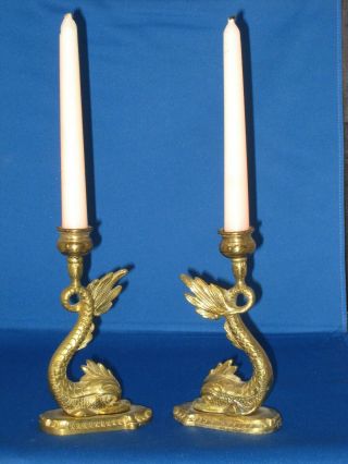 Antique Brass Sea Creature Candlesticks Late 19th Century Empire Revival